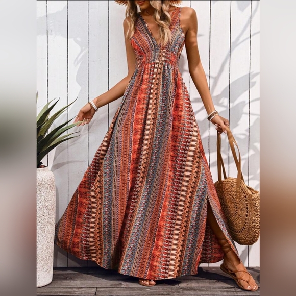 New Boho Tribal Print Tie Back Maxi Dress Red Orange Black - Picture 4 of 8